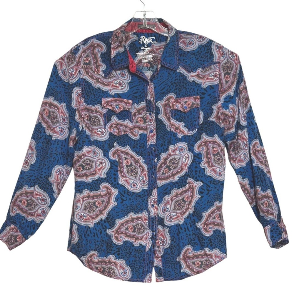 Rock 47 by Wrangler Western Shirt Women Blue Paisley Leopard Blue Snap Cowgirl L